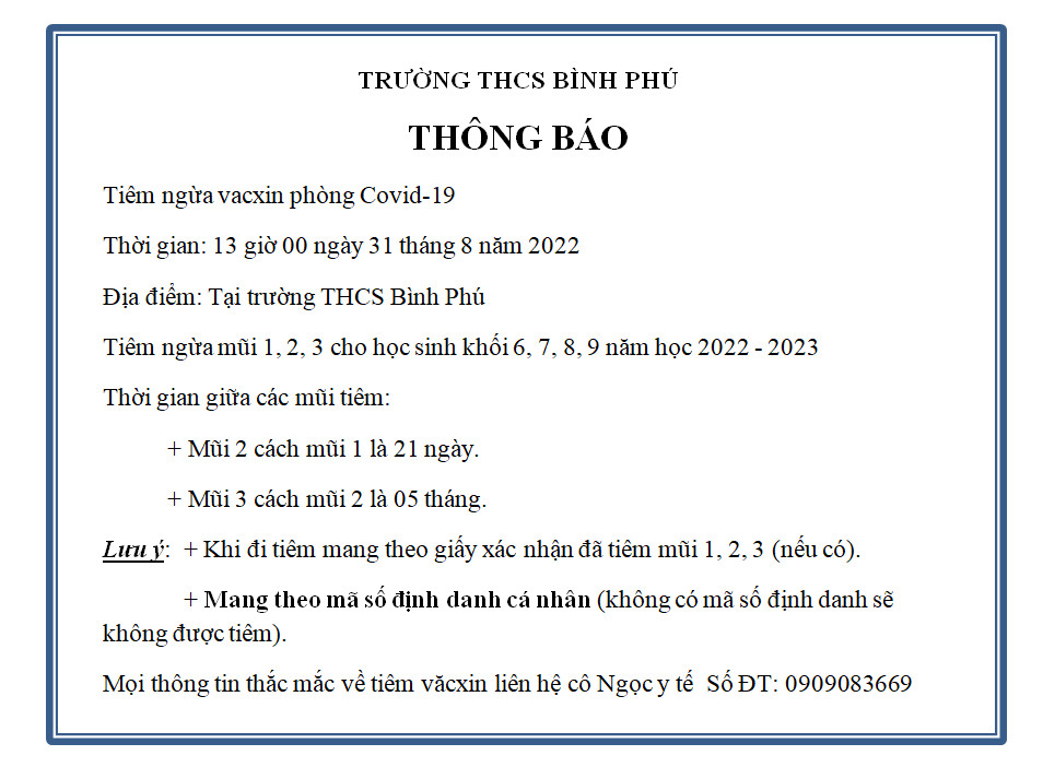 Thông báo tiêm Văcxin