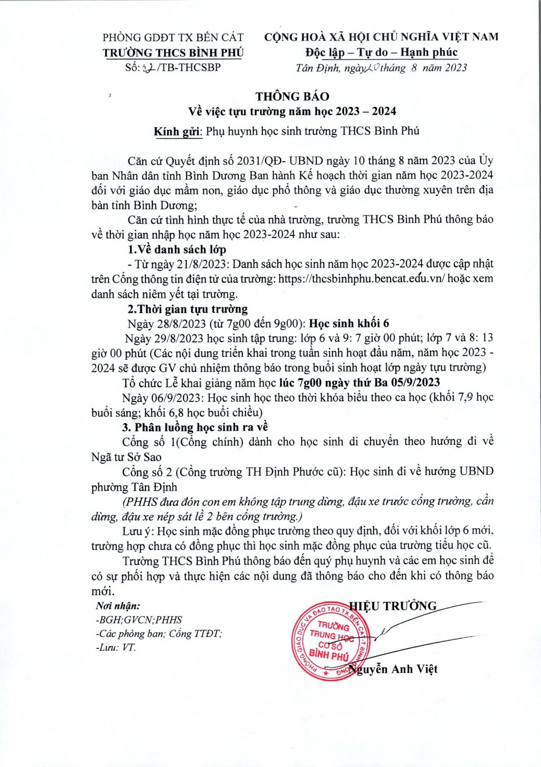 thong bao tuu truong dieu chinh